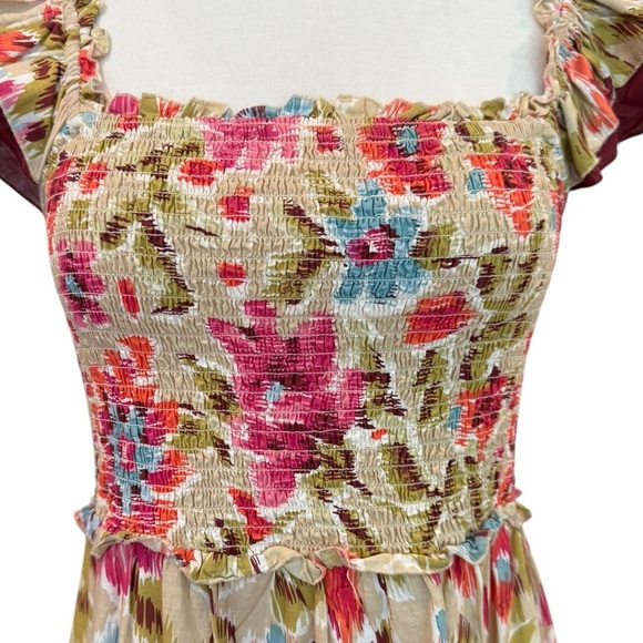 House of Harlow 1960 Floral Smocked Tiered Maxi Dress Ruffle Sleeve Burgundy Med - Picture 5 of 9